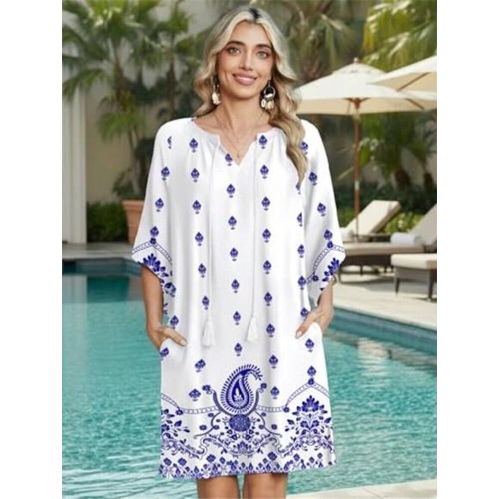 Women’s White and Blue Boho Beach Dress Tassel Tie V-Neck Cover Up with Pockets